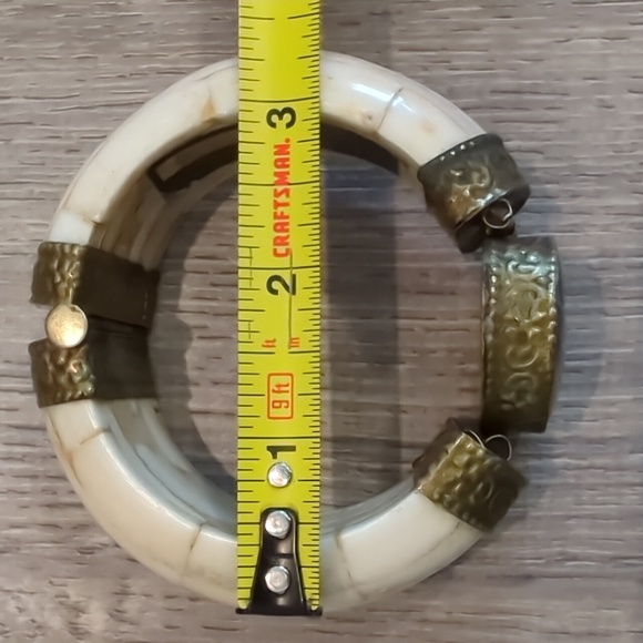 Vintage Bone Brass Agate Stone Bangle - Picture 9 of 14